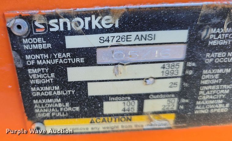 image for item DW3838 2016 Snorkel S4726E scissor lift