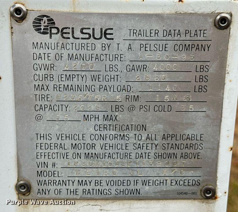 image for item DX1337 1993 Pelsue Metro XL A/C generator