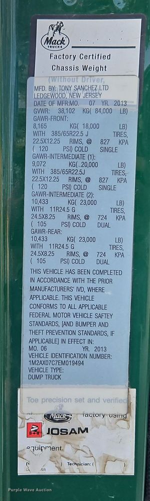 image for item EI8416 2014 Mack GU713 dump truck