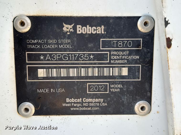 image for item EJ3070 2012 Bobcat T870 tracked skid steer loader