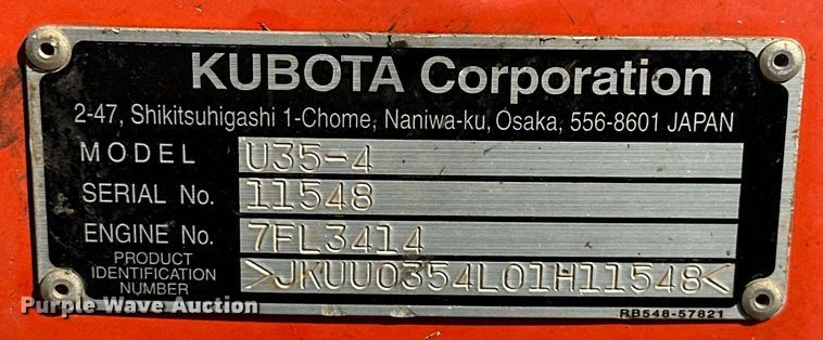 image for item EJ4908 2015 Kubota U35-4 mini excavator