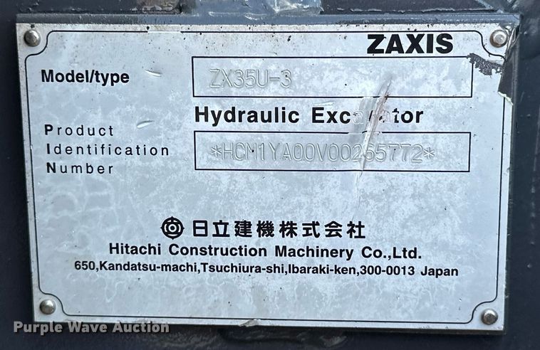 image for item EJ8992 2011 Hitachi ZX35U-3 mini excavator