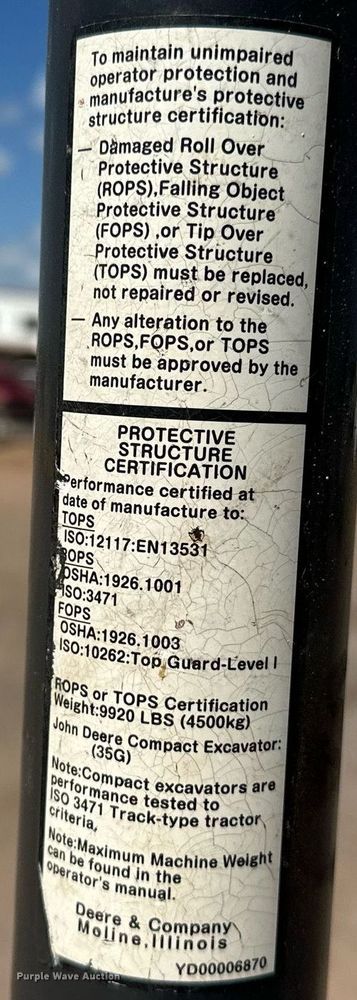 image for item EJ8995 2016 John Deere 35G mini excavator