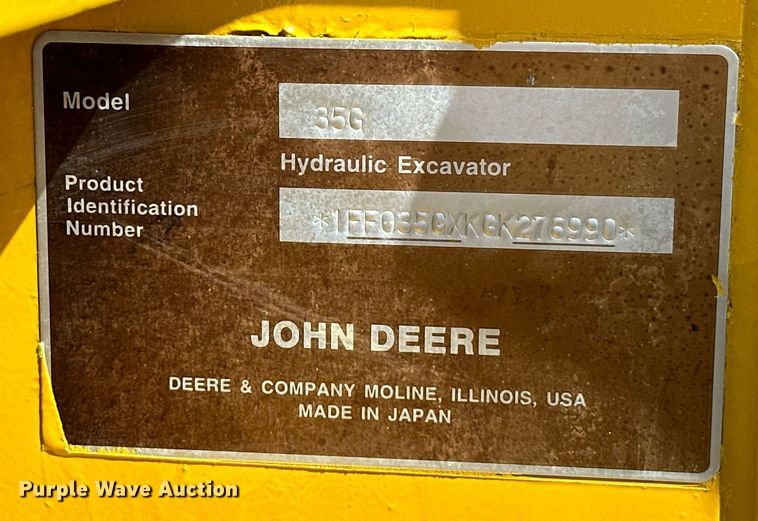 image for item EJ8995 2016 John Deere 35G mini excavator