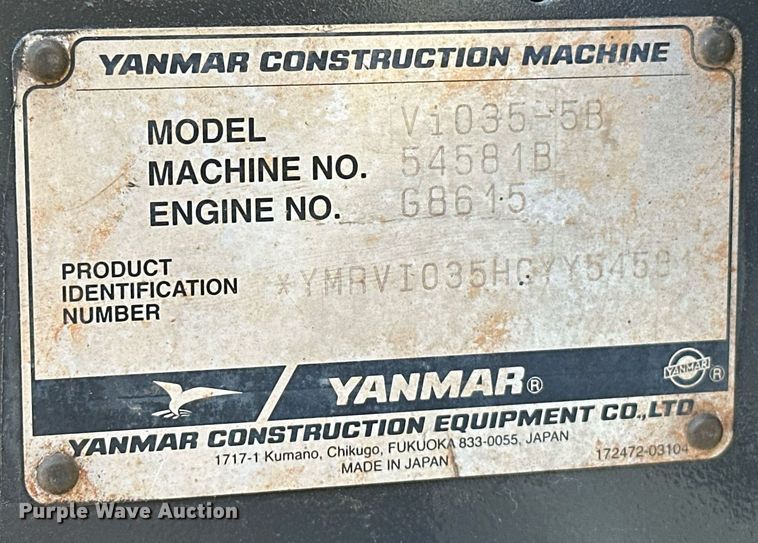 image for item EJ8997 2012 Yanmar Vi035-5B mini excavator