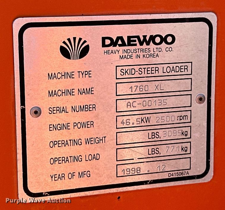 image for item ER8022 1998 Daewoo 1760 XL skid steer loader