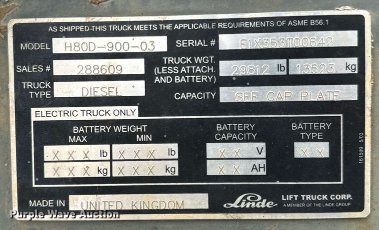 image for item MV9189 2006 Linde H80D-900-03 forklift