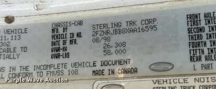 image for item MV9231 1999 Sterling L-Line crane truck