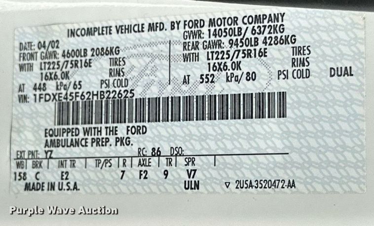 image for item DD3309 2002 Ford E450 ambulance
