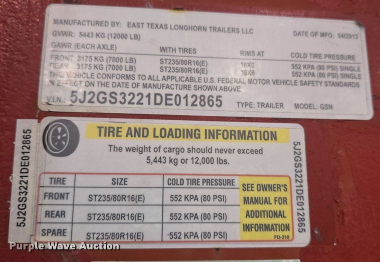 image for item DQ5165 2013 East Texas Longhorn GSN  equipment trailer