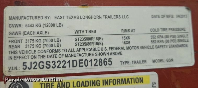 image for item DQ5165 2013 East Texas Longhorn GSN  equipment trailer