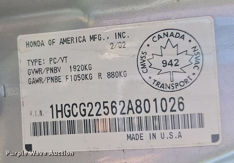 image for item DQ5197 2002 Honda Accord 