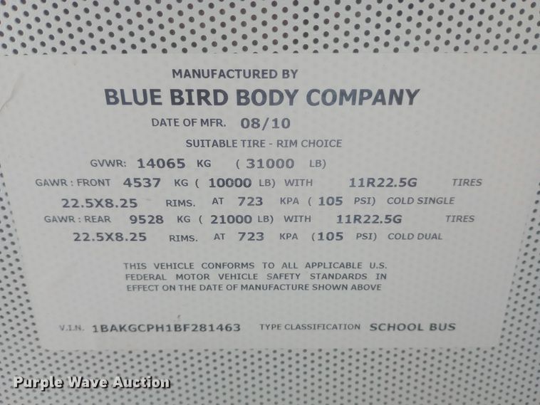 image for item DW0786 2011 Bluebird  Vision school bus