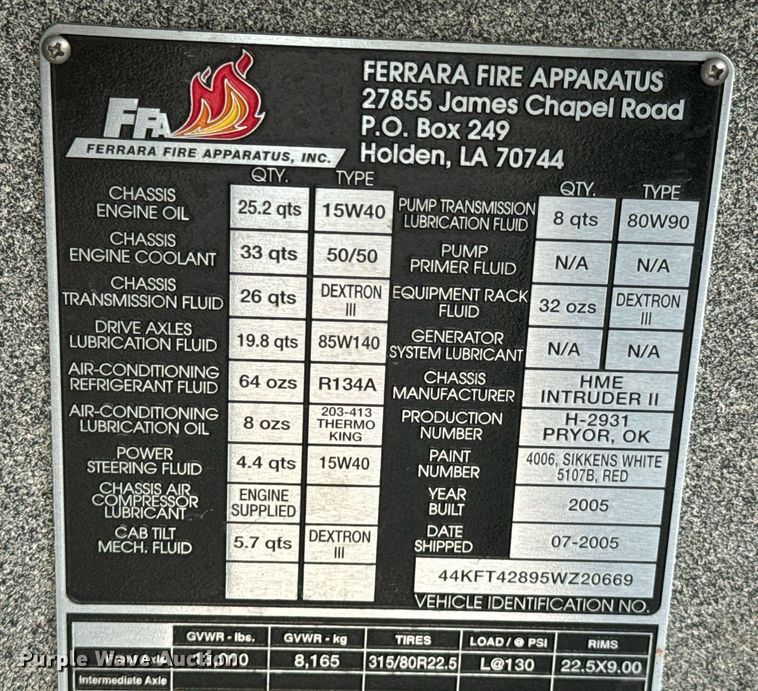 image for item DX1448 2005 HME 1872 pumper fire truck