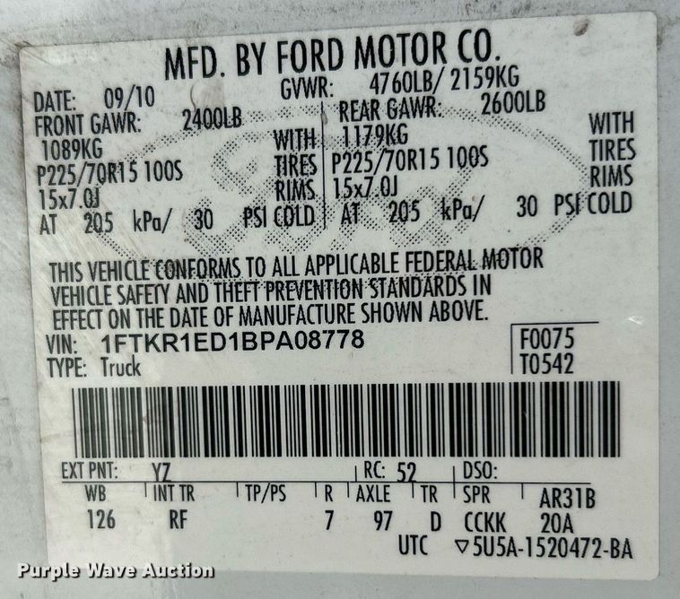 image for item EG0575 2011 Ford Ranger SuperCab pickup truck