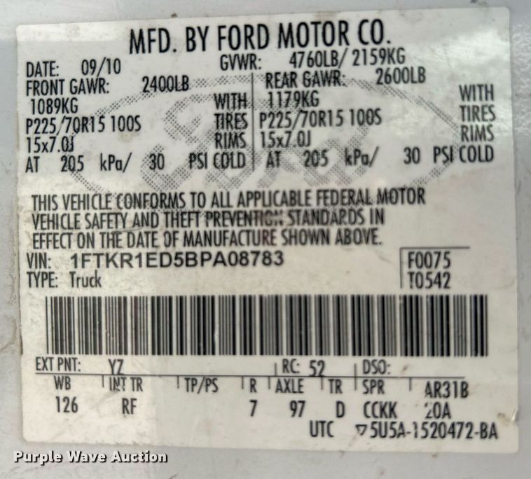 image for item EG0576 2011 Ford Ranger SuperCab pickup truck