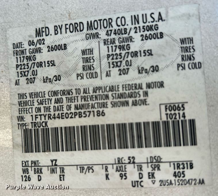 image for item EG0579 2002 Ford Ranger SuperCab pickup truck