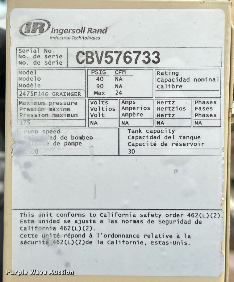 image for item EK0026 Ingersoll Rand 2475F14G Grainger  air compressor