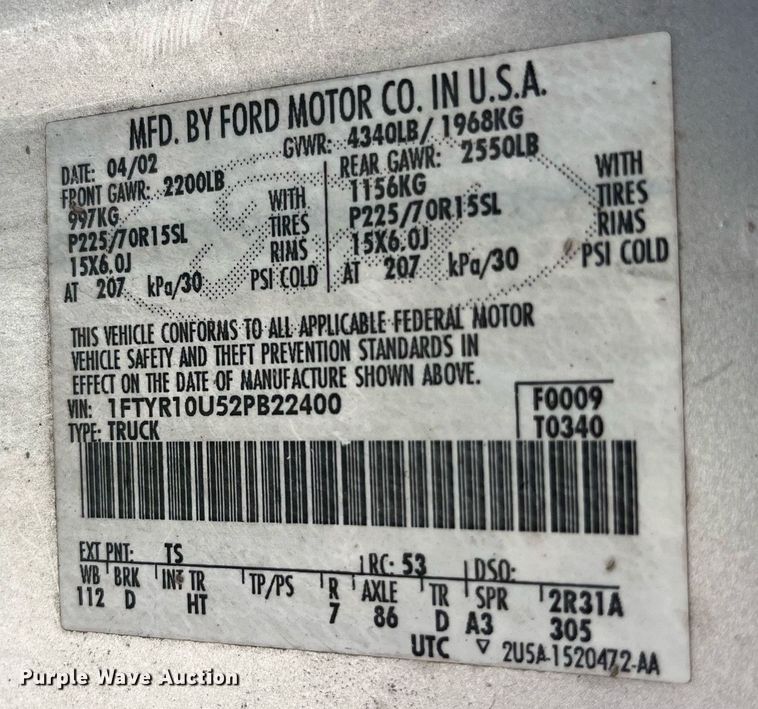 image for item LC9236 2002 Ford Ranger pickup truck