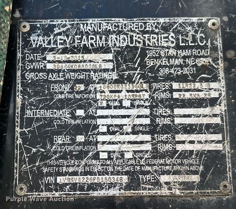 image for item DN0799 2015 Valley Farm Industries  Aulick live bottom trailer