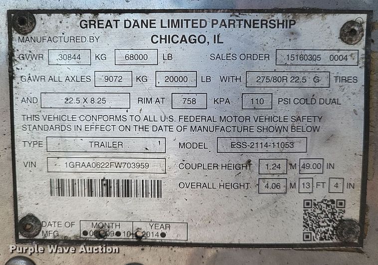 image for item DQ3719 2015 Great Dane  1GR refrigerated van trailer