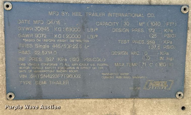 image for item DX1304 2015 Heil pneumatic dry bulk trailer