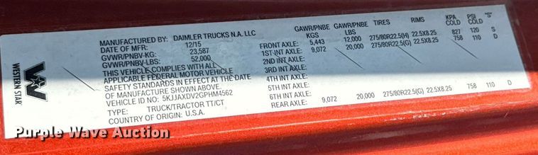 image for item DX1305 2016 Western Star 4700 semi truck