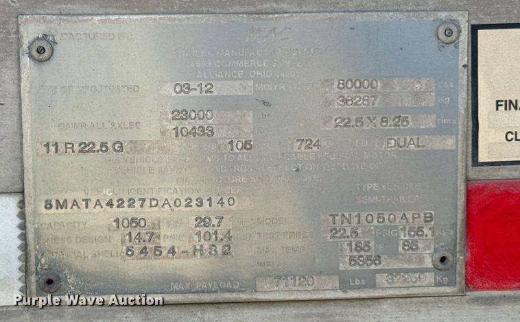 image for item DX1310 2013 Mac pneumatic dry bulk trailer