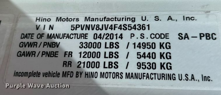 image for item DX1367 2015 Hino 338 box truck