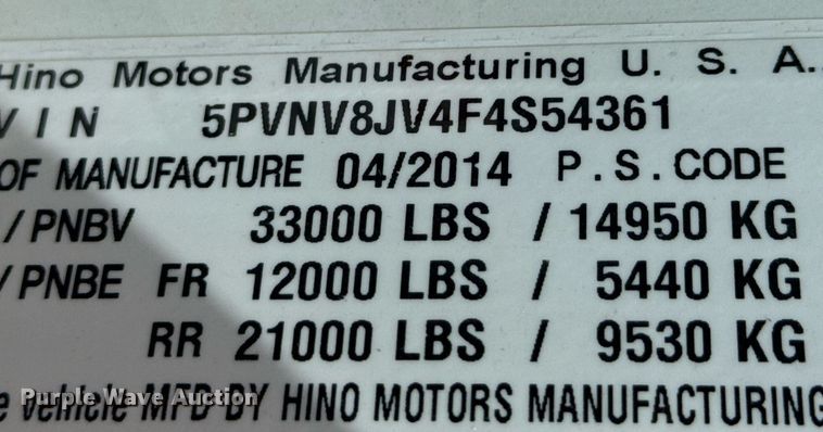 image for item DX1367 2015 Hino 338 box truck