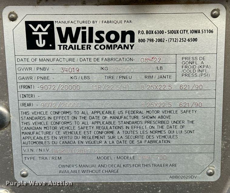 image for item DX3636 2023 Wilson DWH-700 grain trailer