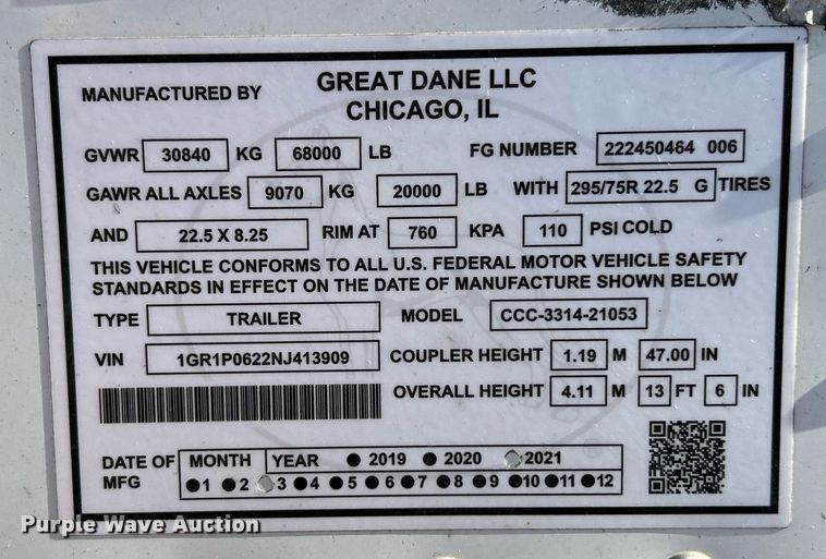 image for item EK3447 2022 Great Dane CCC-3314-21053 dry van trailer