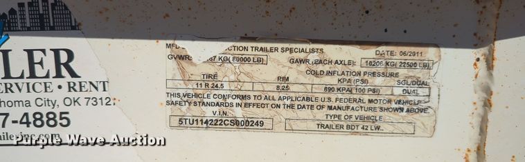 image for item EQ2341 2012 Construction Trailer Specialists BDT 42 LW bottom dump trailer