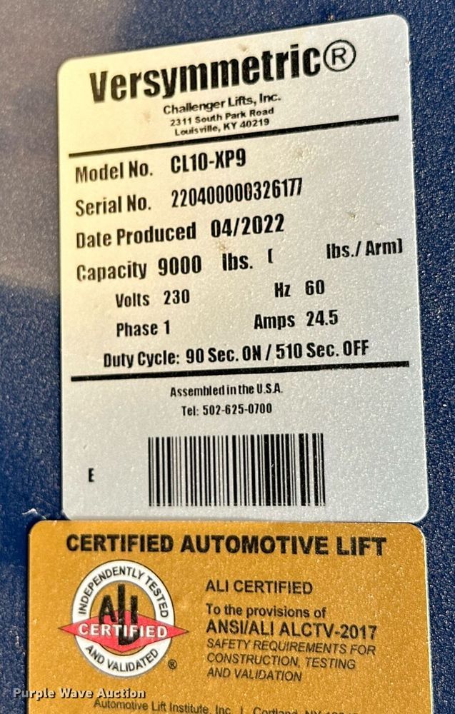 image for item DD3323 2022 Versymmetric CL10-XP9 two post automotive lift