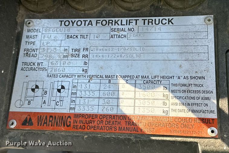 image for item DD3328 2009 Toyota 8FGCU18 forklift