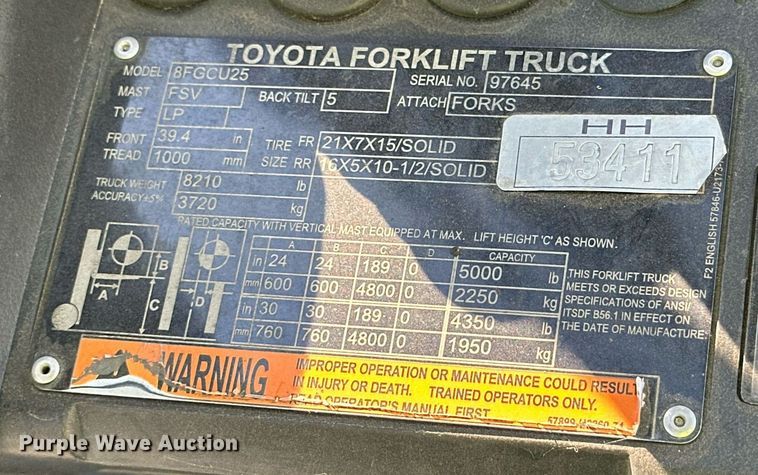 image for item DD3332 2018 Toyota 8FGCU25 forklift