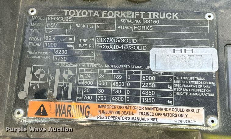 image for item DD3336 2017 Toyota  8FGCU25 forklift