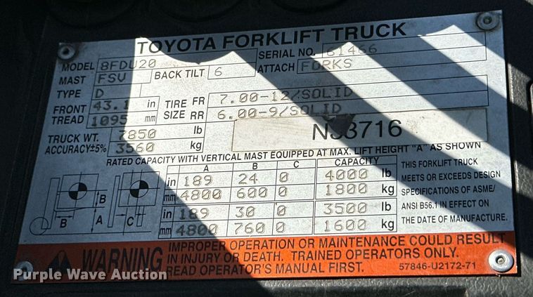 image for item DD3347 2016 Toyota 8FDU20 forklift