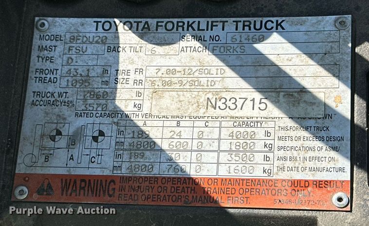 image for item DD3348 2016 Toyota 8FDU20 forklift