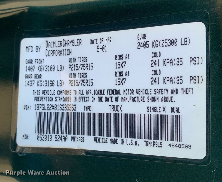 image for item DM1831 2001 Dodge Dakota SLT Club Cab pickup truck