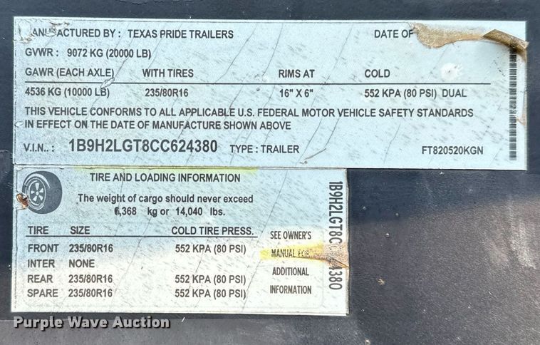 image for item DO2560 2013 Texas Pride FT820520KGN flatbed trailer