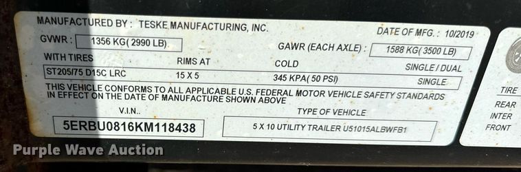 image for item DT2057 2019 Teske Manufacturing Inc  utility trailer