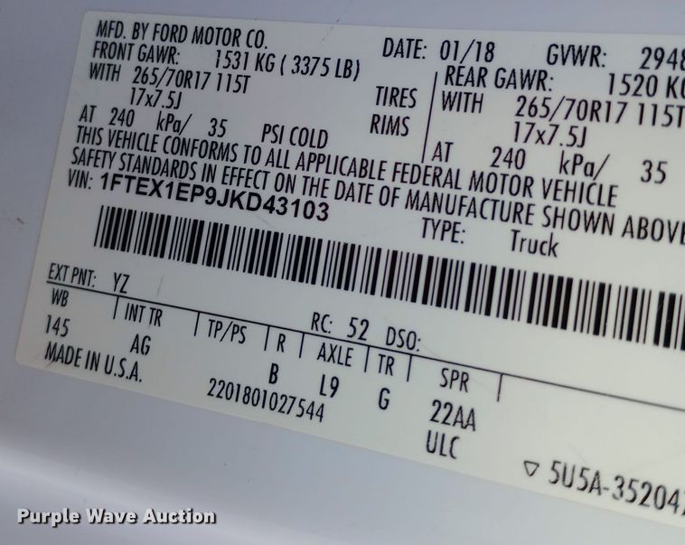 image for item DW0782 2018 Ford F150 SuperCab pickup truck