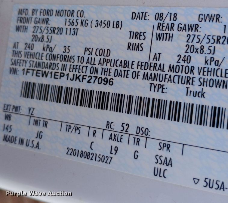 image for item DW0783 2018 Ford F150 SuperCrew pickup truck