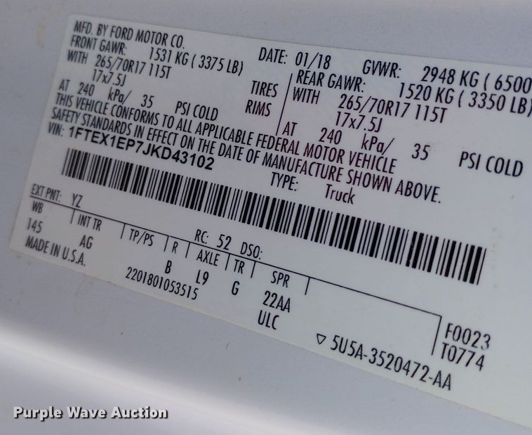 image for item DW0784 2018 Ford F150 SuperCab pickup truck