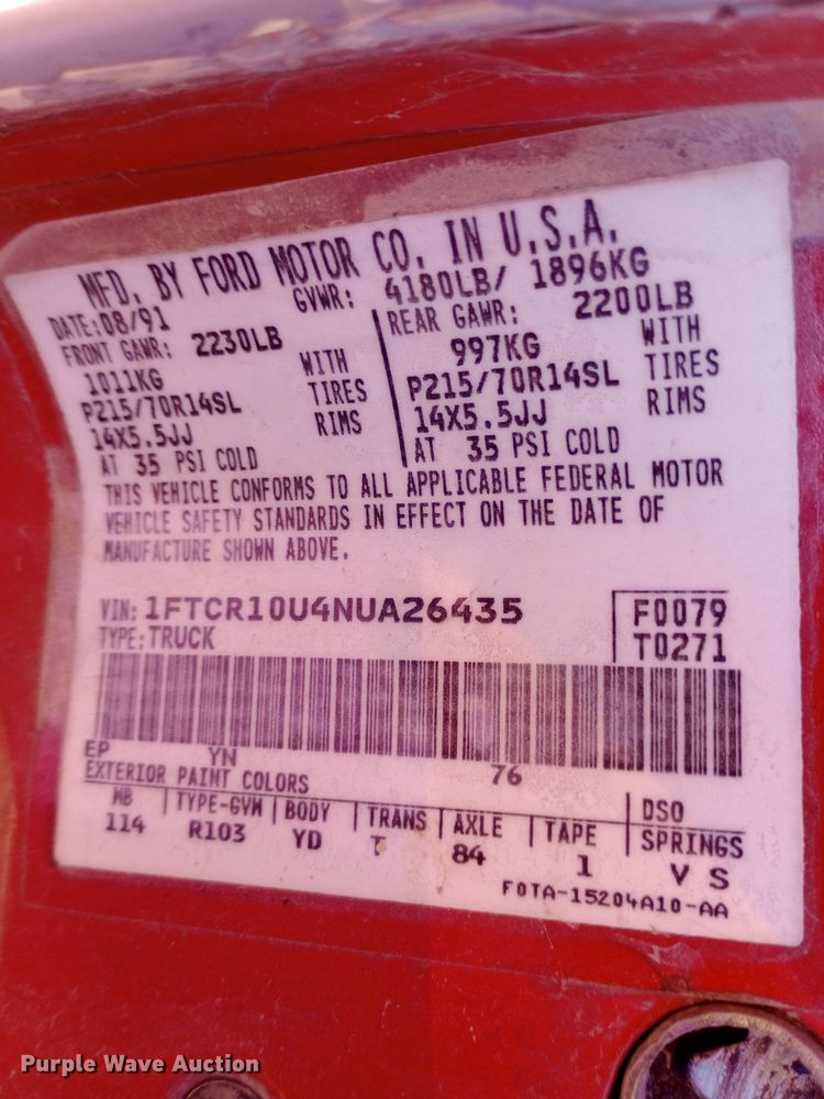 image for item DW0821 1992 Ford Ranger pickup truck