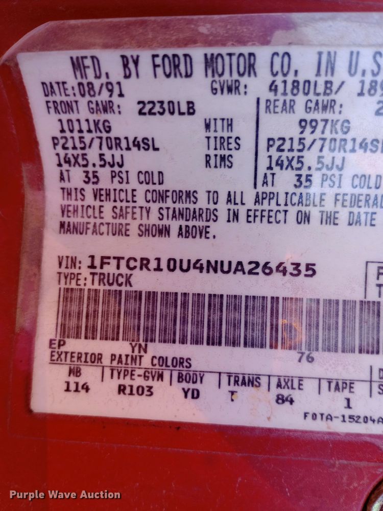 image for item DW0821 1992 Ford Ranger pickup truck