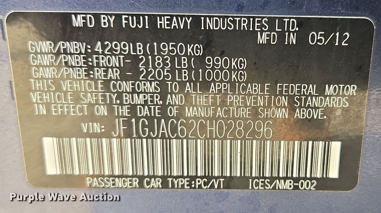 image for item EE8558 2012 Subaru Impreza  