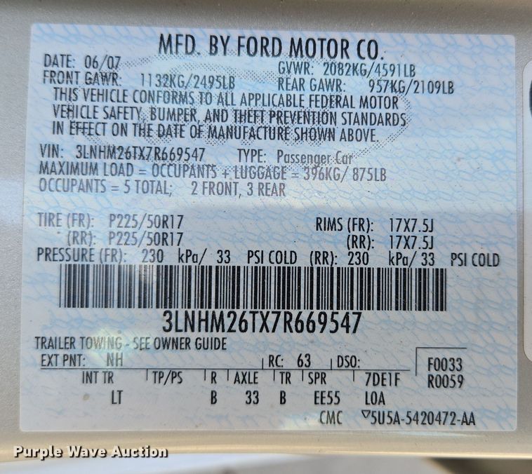 image for item EE8559 2007 Lincoln  MKZ 