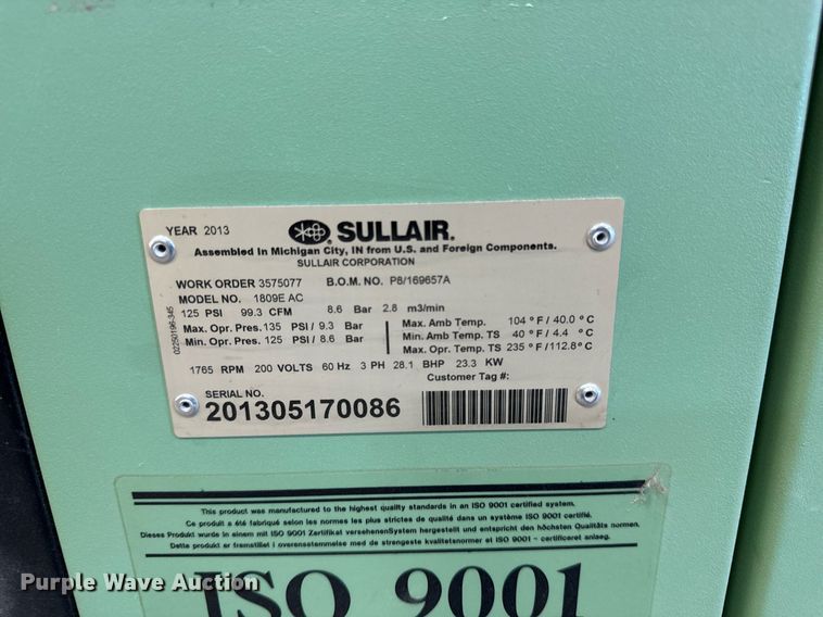 image for item EG6798 2013 Sullair 1809E AC air compressor